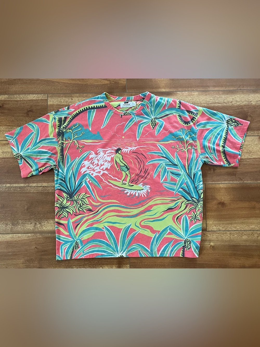 Topman Men’s Coral Surf Graphic Short Sleeve Tee with Aqua and Lime Accents